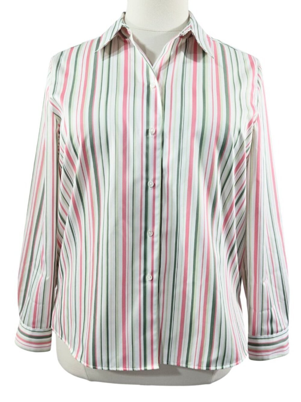 Foxcroft for Appleseeds White Green Pink Stripe Wrinkle Free Button-Up Shirt